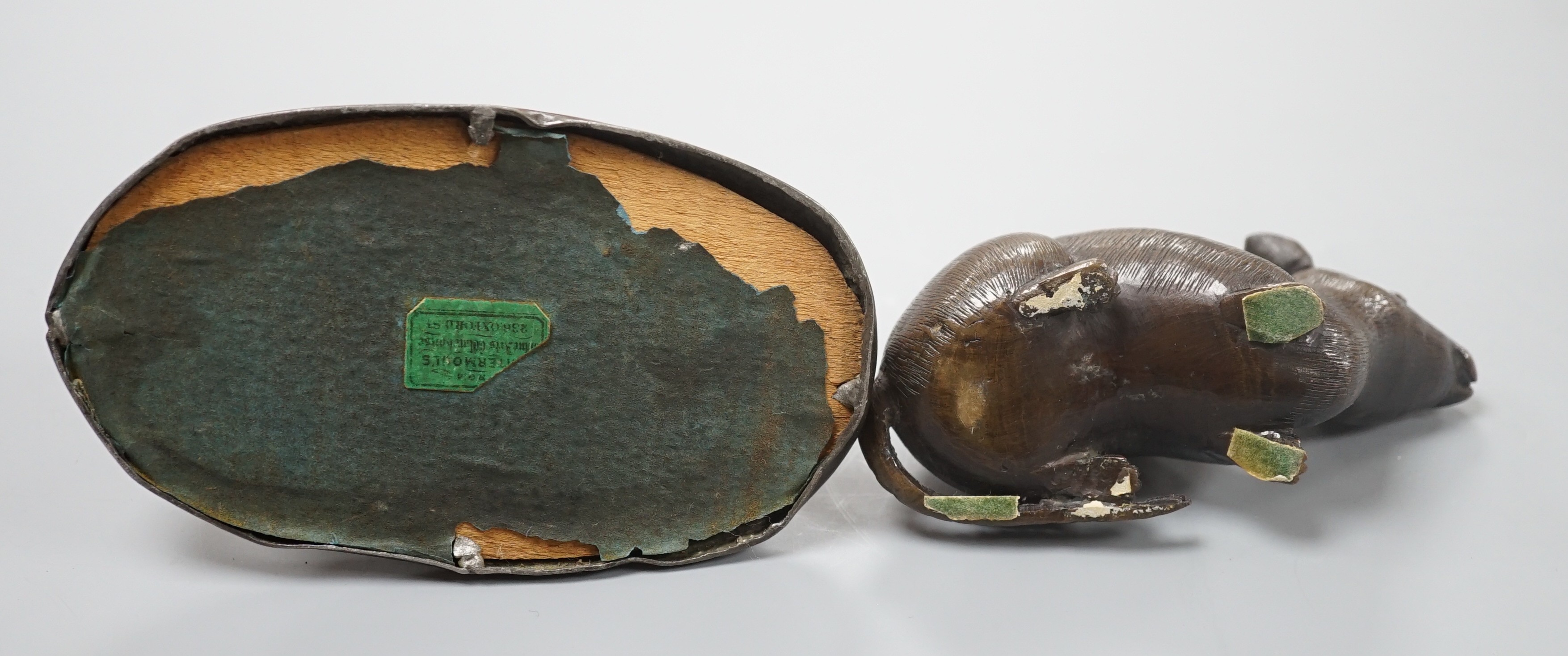 A bronze figure of a mouse and an Animalier group of a playful dog and tortoise, mouse 11cms wide.